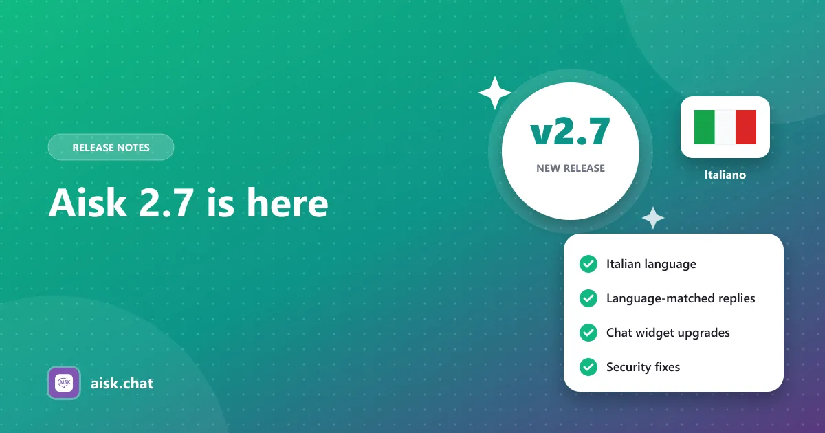 Aisk version 2.7 badge with Italian language support and release highlights